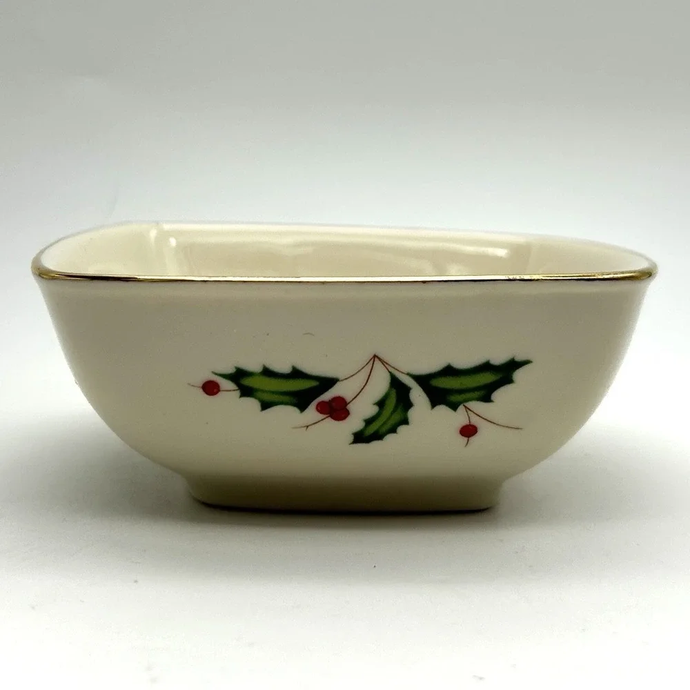 LENOX Holiday Holly Berry Square Dipping Bowl Gold Rim Christmas Porcelain 4